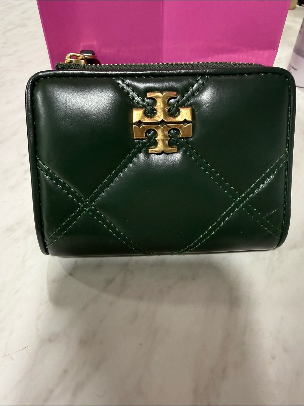 Tory Burch Green Quilted Leather Zip Wallet with Gold Logo